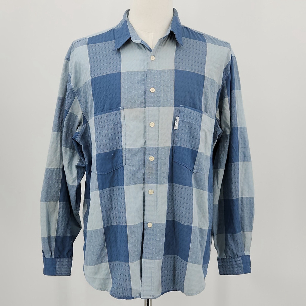 VTG LEVI'S Silver Label Blue Patchwork Textured Button Down Shirt Mens Big E XL